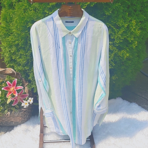Tops - Linen 100% summer shirt 1X white blue light green